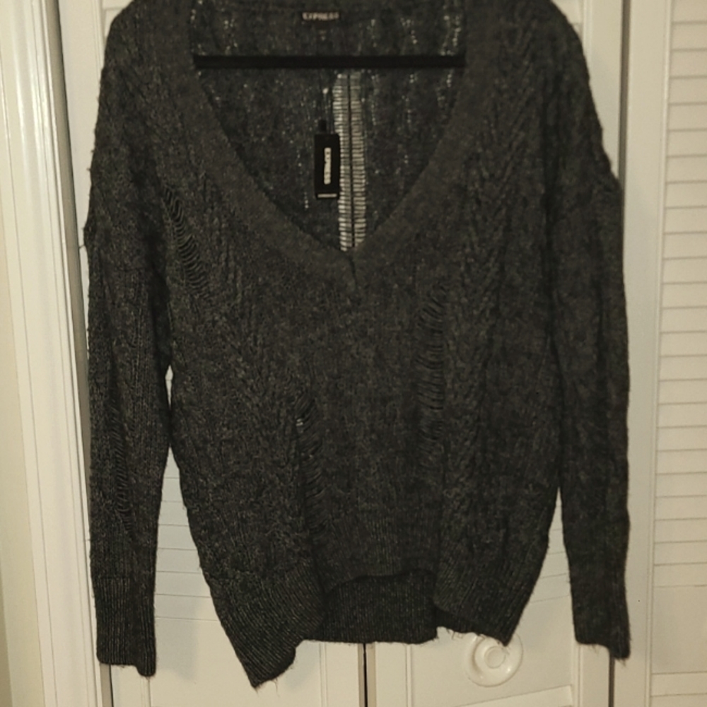 Never worn with tags- Dark Gray V neck sweater with 'torn/ripped' effect